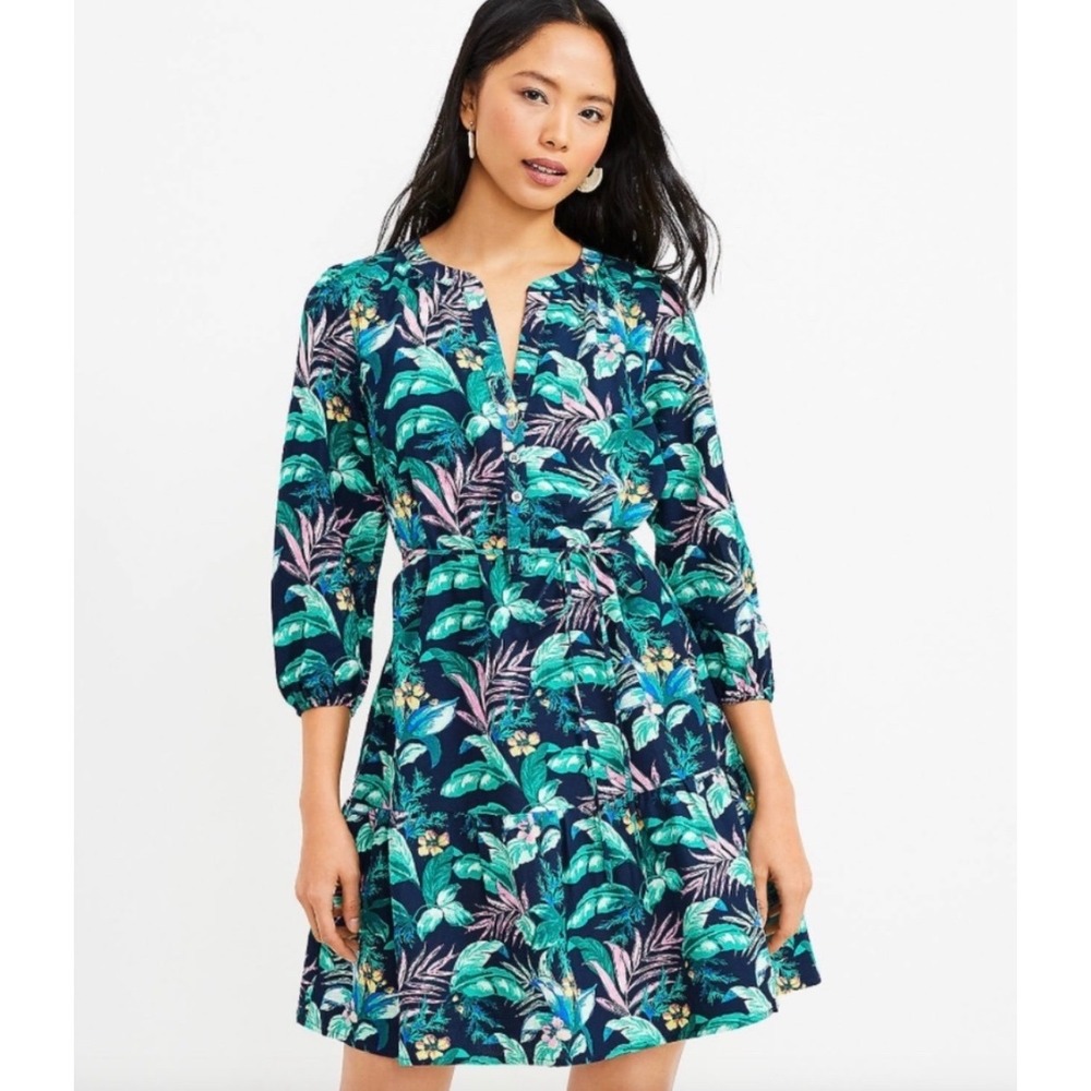 LOFT Petites Tropical Palm Henley Flounce Shirt Dress Linen Blend NWT XSP